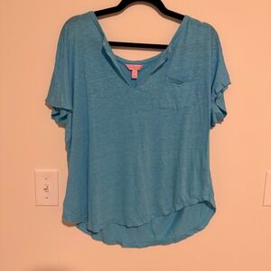Lilly Pulitzer Etta V-Neck Slub Jersey Tee Blue Short Sleeve Pocket Top XL